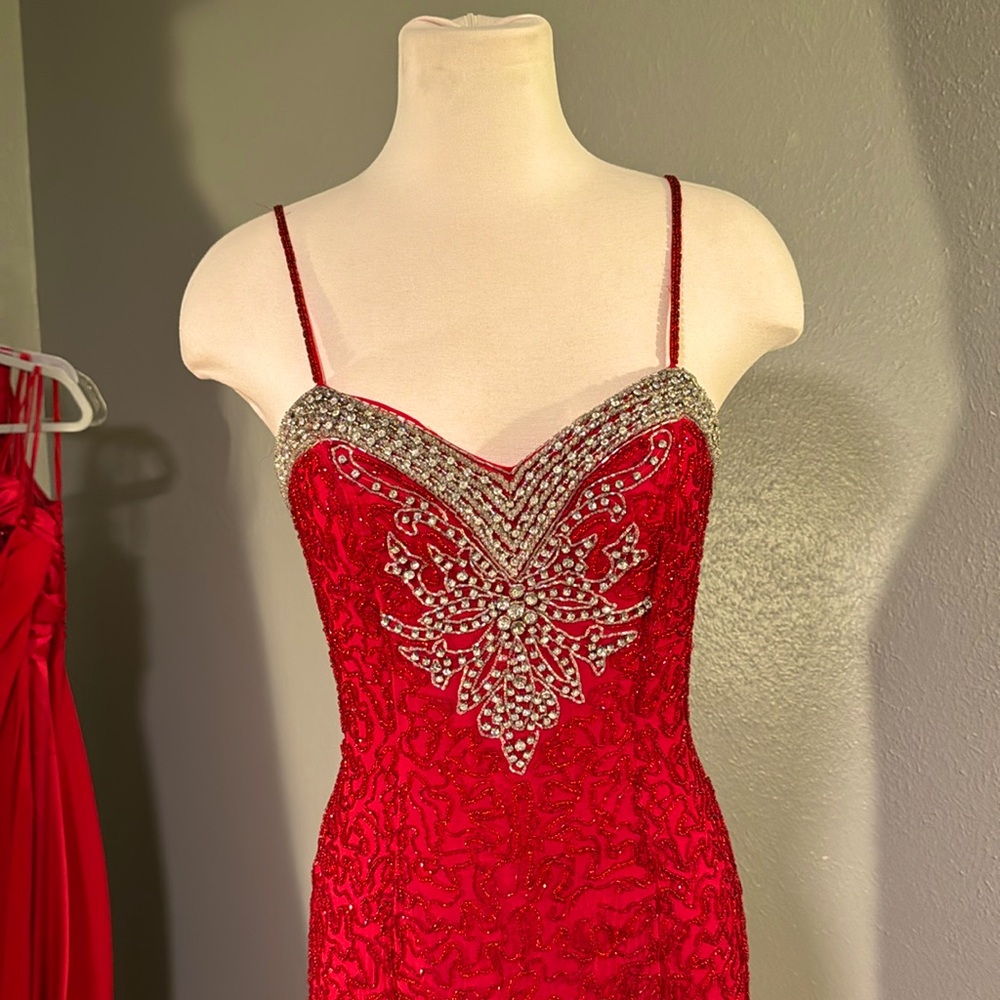 Vintage red beaded with rhinestone accents Peak Evenings formal gown